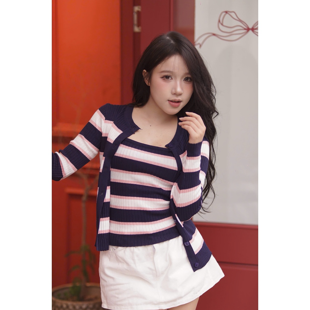 [DEAL mở bán - Thu Đông Collection] Set Cardigan len dài tay kẻ sọc ngang mix áo 2 dây tiểu thư CDG3 DORY CHIC