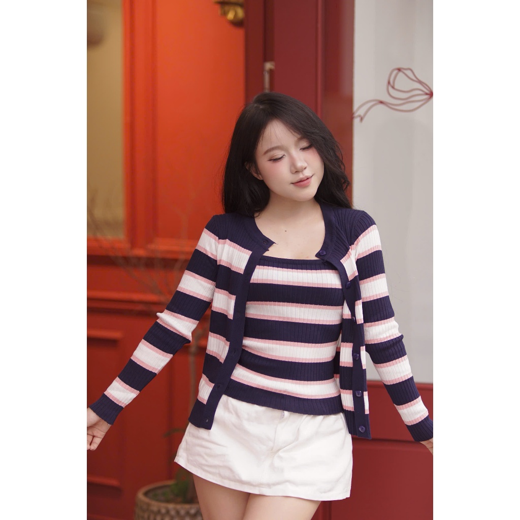 [DEAL mở bán - Thu Đông Collection] Set Cardigan len dài tay kẻ sọc ngang mix áo 2 dây tiểu thư CDG3 DORY CHIC
