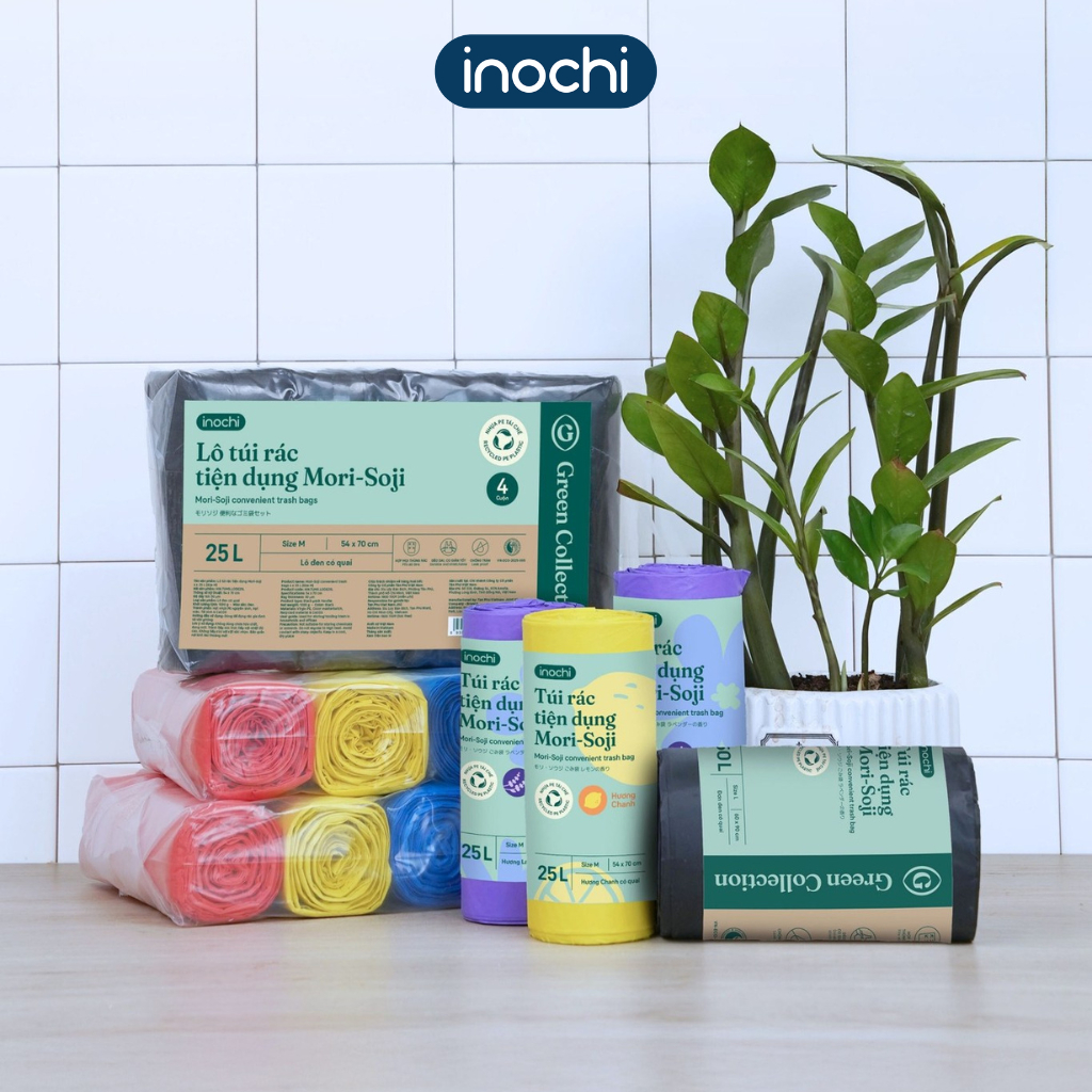 [CUỘN LẺ] TÚI RÁC MORI-Inochi thành phần nhựa tái sinh CÓ QUAI hương chanh/lavender, kháng khuẩn, khử mùi