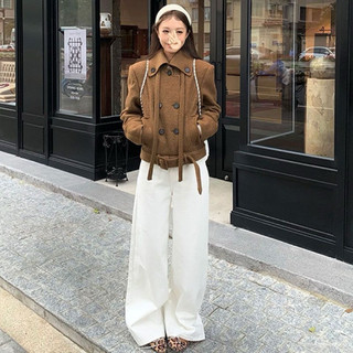Áo khoác dạ cashmere cổ bẻ dáng ngắn kèm đai lưng phong cách tiểu thư