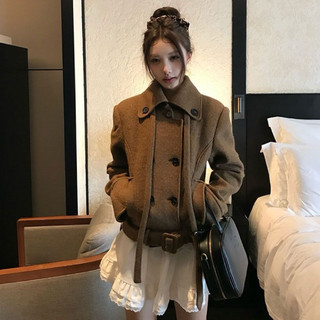 Áo khoác dạ cashmere cổ bẻ dáng ngắn kèm đai lưng phong cách tiểu thư