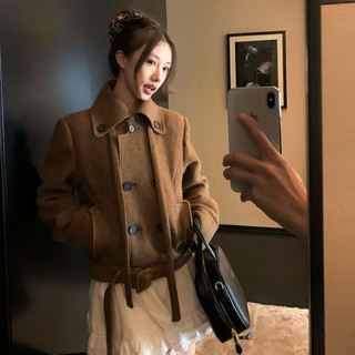 Áo khoác dạ cashmere cổ bẻ dáng ngắn kèm đai lưng phong cách tiểu thư