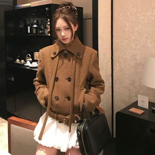 Áo khoác dạ cashmere cổ bẻ dáng ngắn kèm đai lưng phong cách tiểu thư