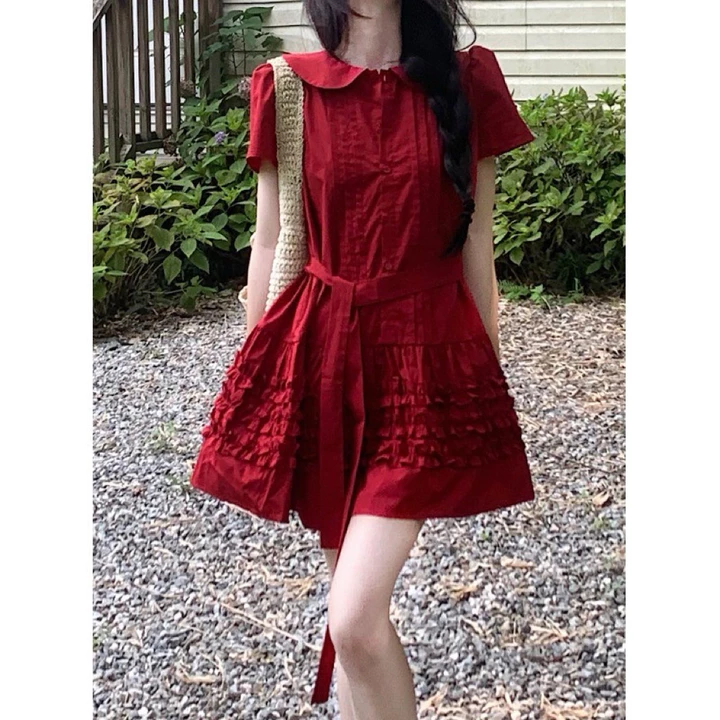 Đầm Đỏ Tết,Noel (KÈM DÂY CỘT EO),Đầm Babydoll Suông Giáng Sinh Phối Bèo Tầng Cổ Tròn Tiểu Thư Nữ Tính Nhẹ Nhàng Tôn Da