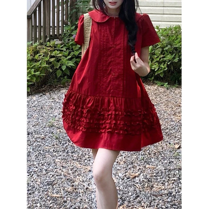 Đầm Đỏ Tết,Noel (KÈM DÂY CỘT EO),Đầm Babydoll Suông Giáng Sinh Phối Bèo Tầng Cổ Tròn Tiểu Thư Nữ Tính Nhẹ Nhàng Tôn Da