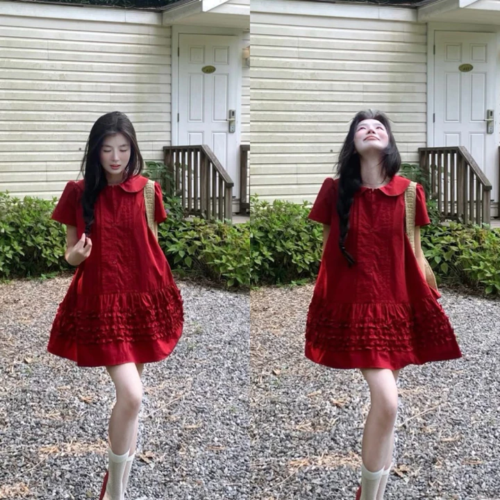 Đầm Đỏ Tết,Noel (KÈM DÂY CỘT EO),Đầm Babydoll Suông Giáng Sinh Phối Bèo Tầng Cổ Tròn Tiểu Thư Nữ Tính Nhẹ Nhàng Tôn Da