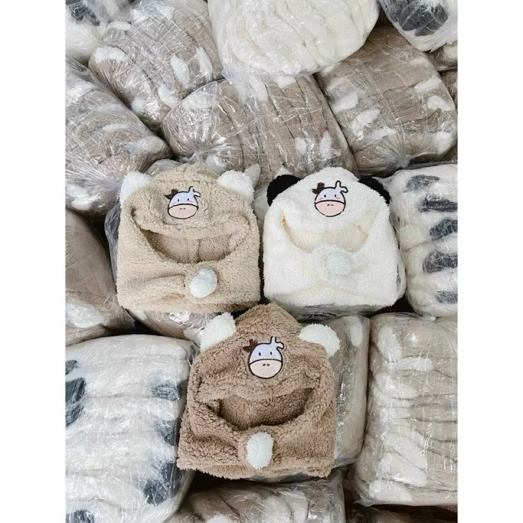 Mũ trùm đầu bảo vệ tai hình bò sữa cho bé - Nón giữ ấm tai bò