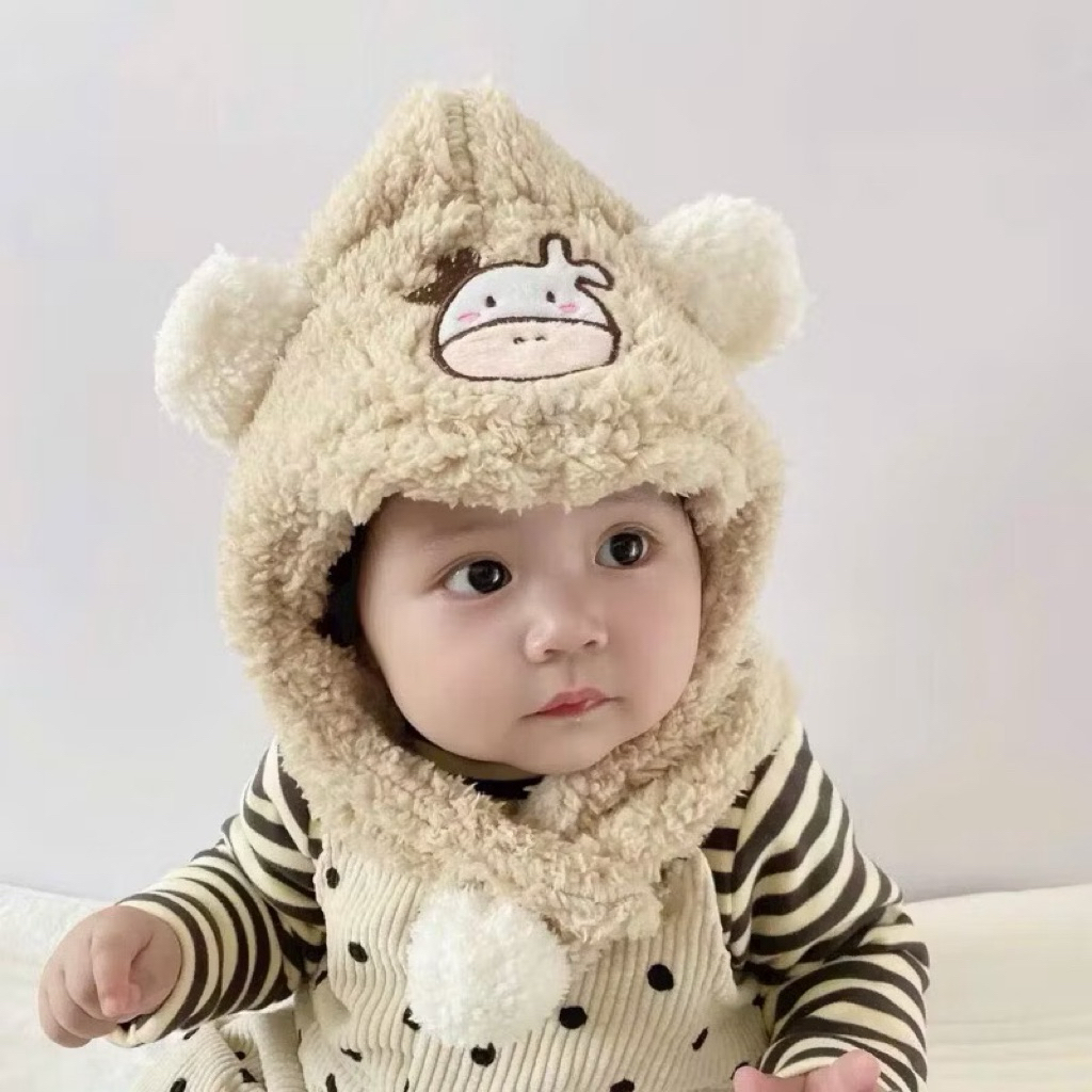 Mũ trùm đầu bảo vệ tai hình bò sữa cho bé - Nón giữ ấm tai bò