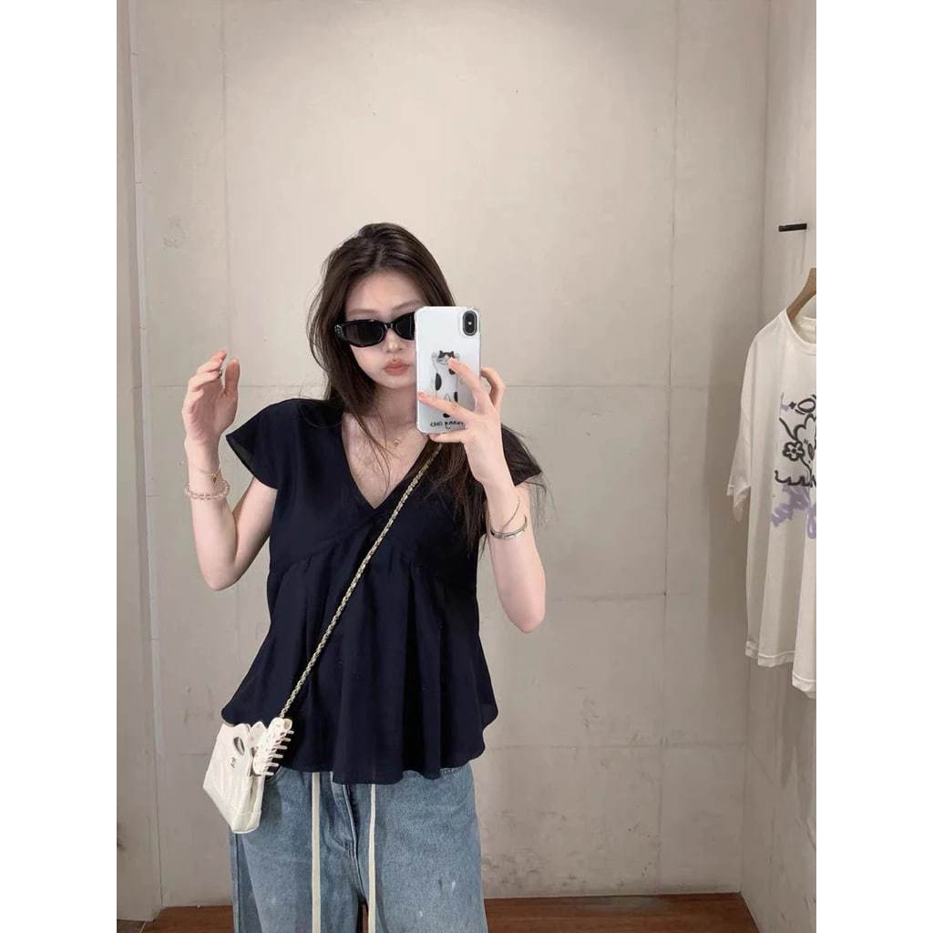 𝗩𝗶𝗲  -|BEELY| Áo Linen cổ V tay bay thắt nơ sau lưng
