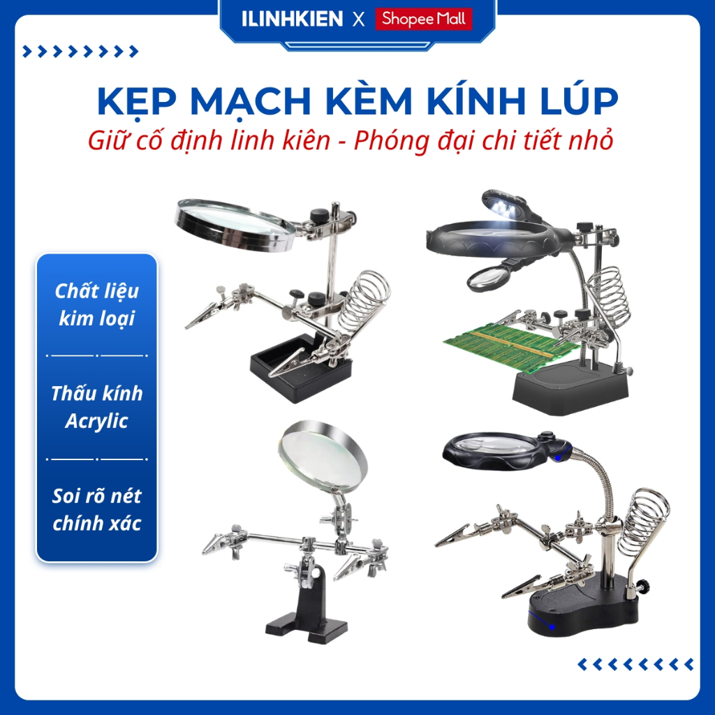 Kính lúp soi kẹp hàn mạch có 5 đèn Led và đế gác mỏ hàn chính hãng ilinhkien