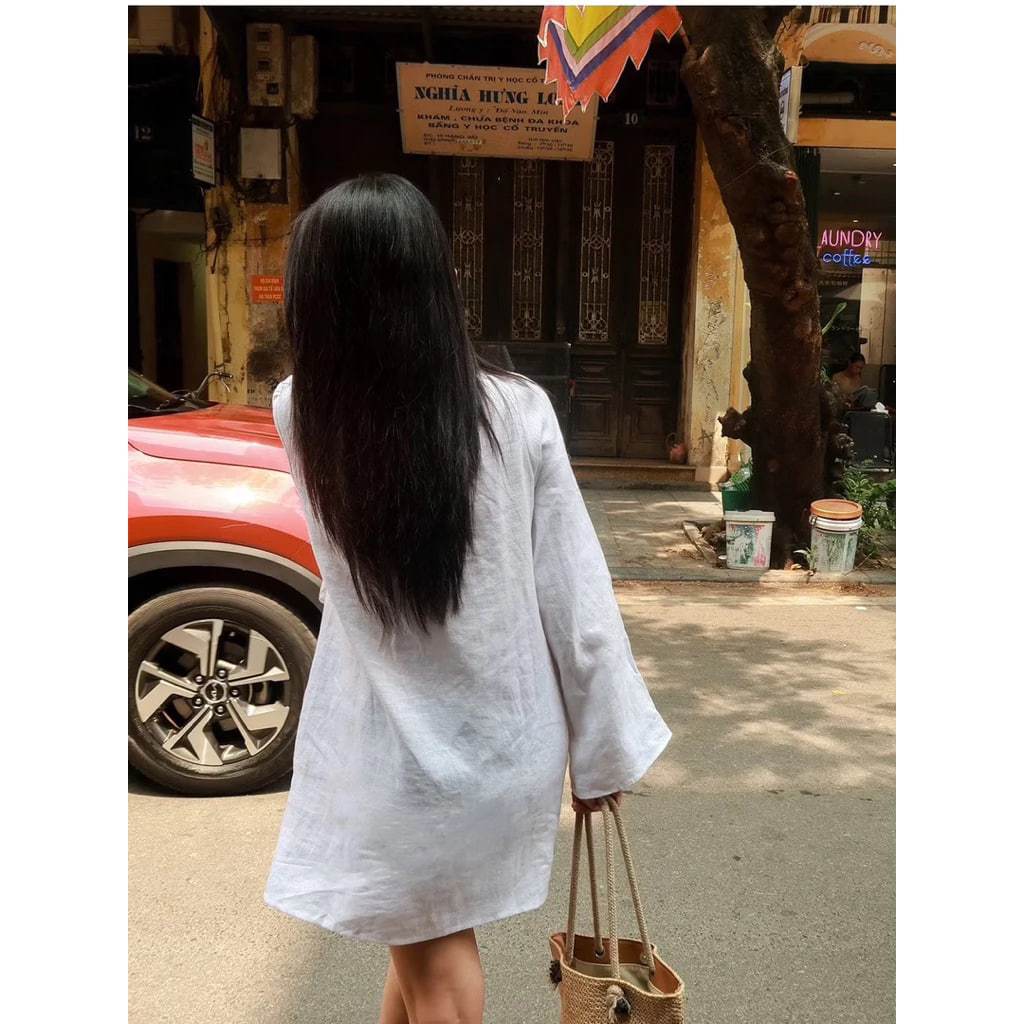 𝗢𝗺𝗲 - | BEELY| Đầm Linen tay loe xoắn