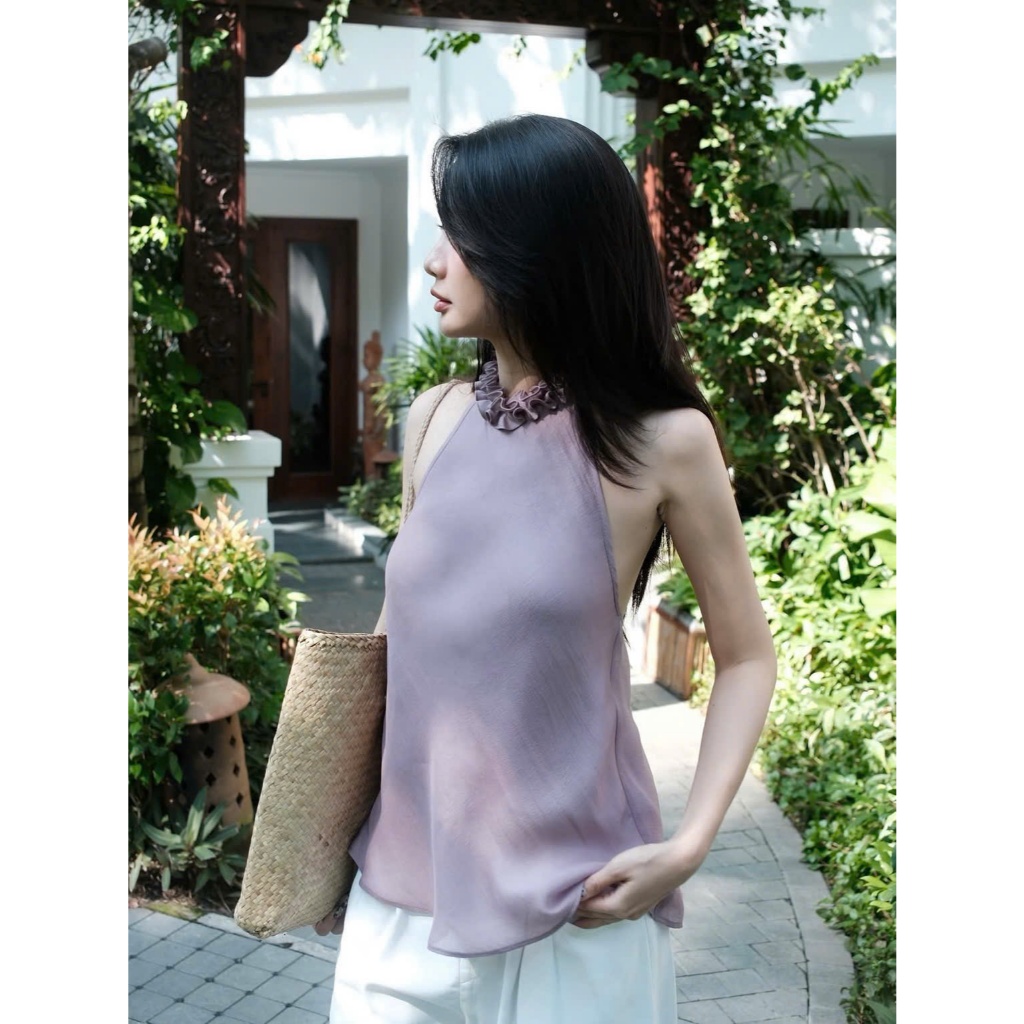 Áo Cổ Yếm Hở Lưng Form Suông Nhẹ Viền Cổ Bèo Tơ Nến 2 Lớp Màu Trơn Nhẹ Nhàng SAN Clothings - P163