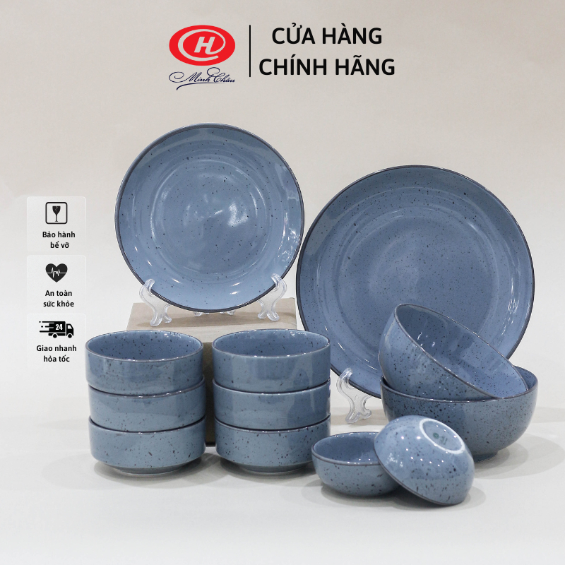 Bộ bát đĩa 12 món màu xanh dương men muối tiêu kiểu Nhật - Set bát đĩa gia đình Sứ Minh Châu