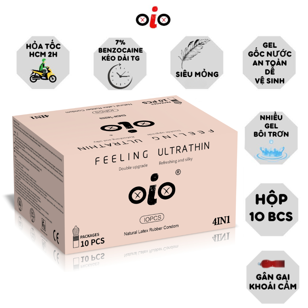 Bao cao su siêu mỏng 001 OiO kéo dài thời gian, bcs gân gai nhiều gel bôi trơn chống xuất tinh sớm