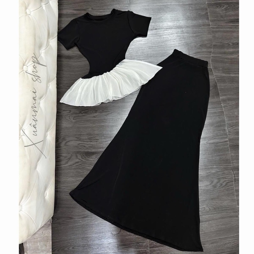 Set ÁO TAY NGẮN PHỐI TƠ áo phối tơ kem chân váy đuôi cá dài Xuân Mai shop