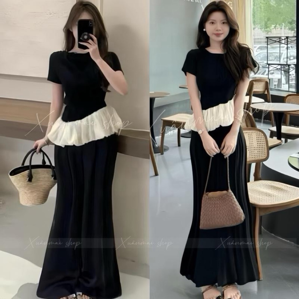 Set ÁO TAY NGẮN PHỐI TƠ áo phối tơ kem chân váy đuôi cá dài Xuân Mai shop