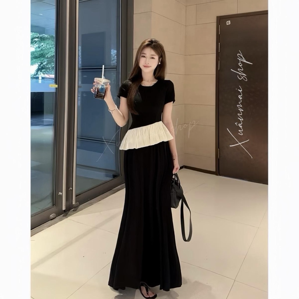 Set ÁO TAY NGẮN PHỐI TƠ áo phối tơ kem chân váy đuôi cá dài Xuân Mai shop