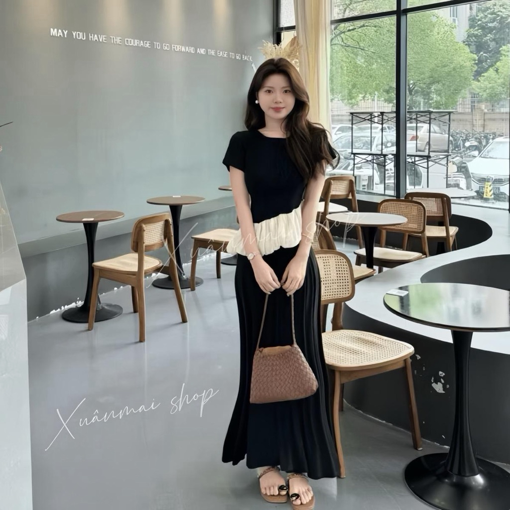 Set ÁO TAY NGẮN PHỐI TƠ áo phối tơ kem chân váy đuôi cá dài Xuân Mai shop