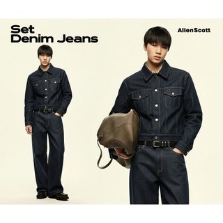 Set Denim AS Dày 13oz Form Áo Crop Quần ống Suông 100% Cotton, Khóa YKK
