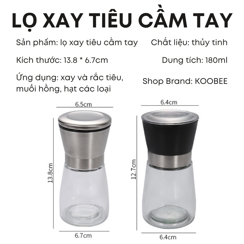 Lọ Xay Hạt Tiêu Thủy Tinh KOOBEE Cao Cấp – Lõi Sứ Xay 2 Chế Độ Mịn & Thô – Cối Xay Gia Vị Cầm Tay Tiện Dụng | SC09