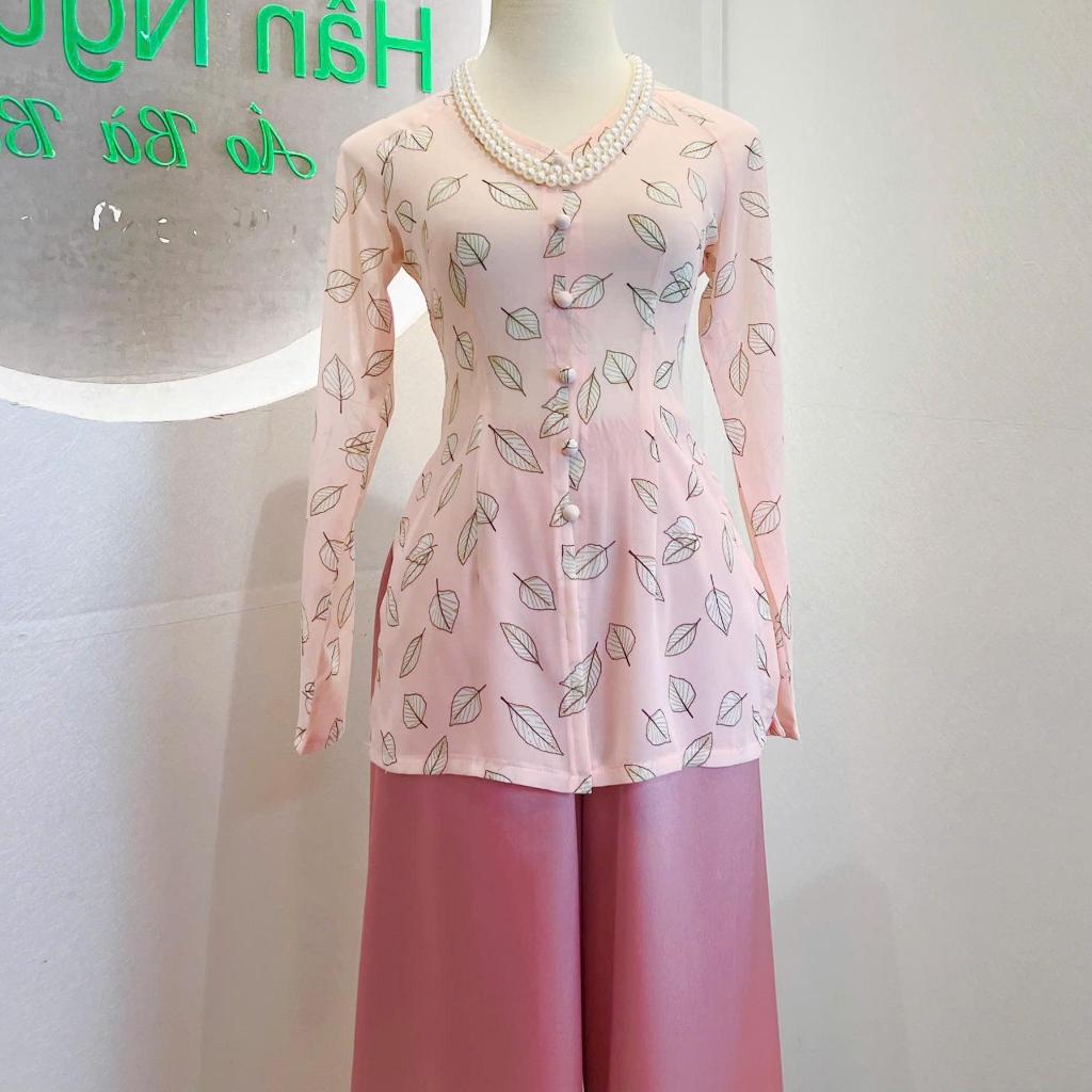 Hân Nguyễn Áo Bà Ba - B.A163 - Áo Bà Ba Voan Hoa ( CHIFFON ) Cổ Tim Dây Kéo Nút Bọc Nụ Tay Dài