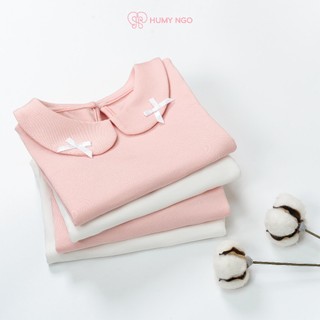 [HUMYNGO] Áo giữ nhiệt bé gái cổ sen đính nơ chất cotton dày dặn lót bông nhẹ mềm cho bé gái 10-36kg, 2-8 tuổi