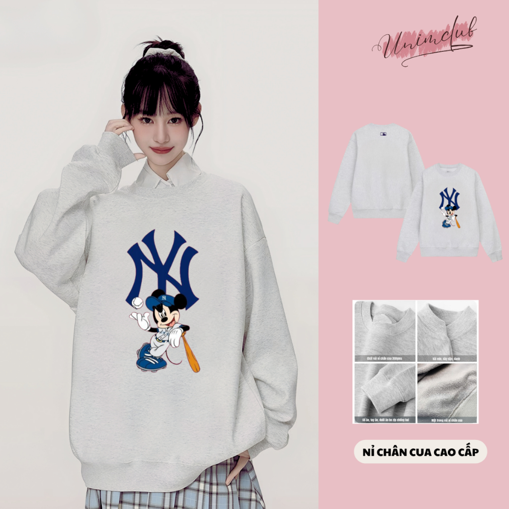 Ao Sweater Mickey NY Bóng Chày Chất Liệu Nỉ Cao Cấp Form Dáng Rộng Công Nghệ In 6D H