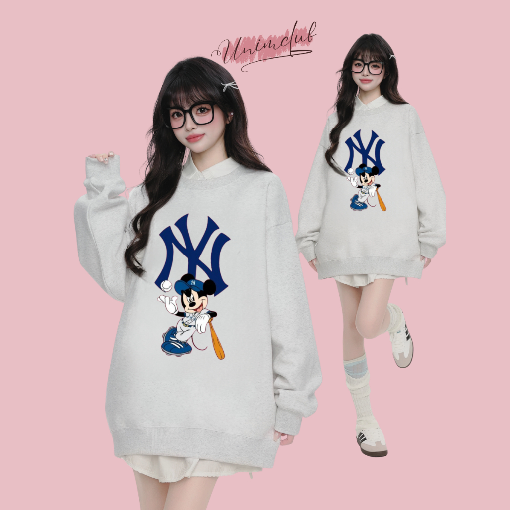 Ao Sweater Mickey NY Bóng Chày Chất Liệu Nỉ Cao Cấp Form Dáng Rộng Công Nghệ In 6D H