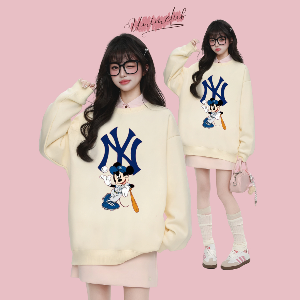 Ao Sweater Mickey NY Bóng Chày Chất Liệu Nỉ Cao Cấp Form Dáng Rộng Công Nghệ In 6D H