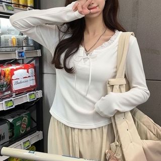 Áo thun nữ tay dài dáng ôm cổ bèo nơ nhỏ trước ngực chất thun mềm mịn màu đen kem xanh VANISA LULA33