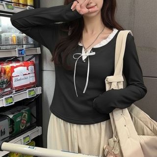 Áo thun nữ tay dài dáng ôm cổ bèo nơ nhỏ trước ngực chất thun mềm mịn màu đen kem xanh VANISA LULA33