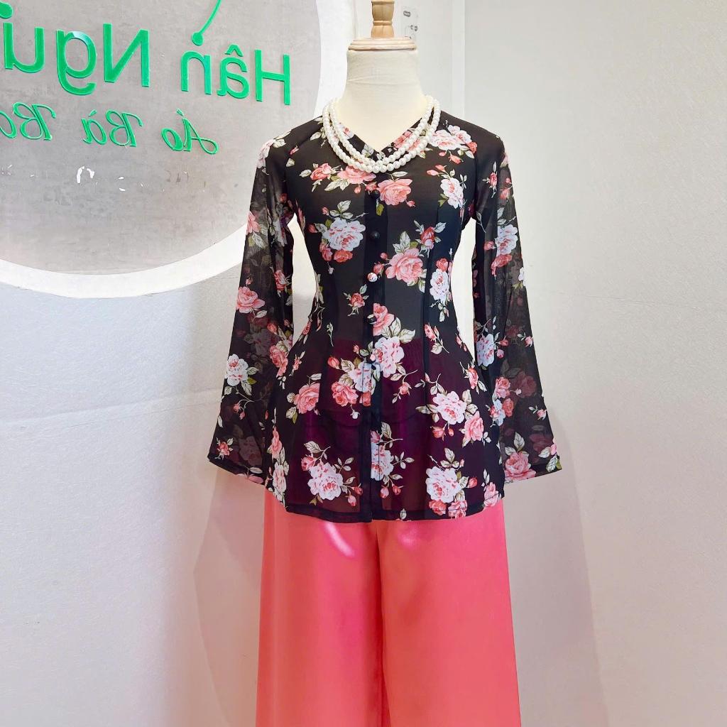B.A163 - Áo Bà Ba Voan Hoa ( CHIFFON ) Cổ Tim Dây Kéo Nút Bọc Nụ Tay Dài