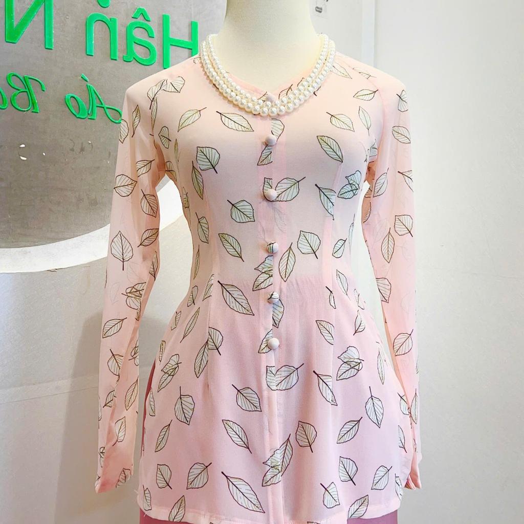 B.A163 - Áo Bà Ba Voan Hoa ( CHIFFON ) Cổ Tim Dây Kéo Nút Bọc Nụ Tay Dài