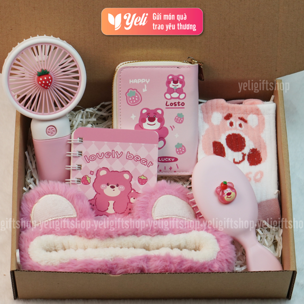 Set quà tặng Gấu Dâu Lotso phụ kiện tone hồng xinh xắn, Hộp quà tặng Lotso Gấu Dâu tặng bạn gái, người yêu, bé gái