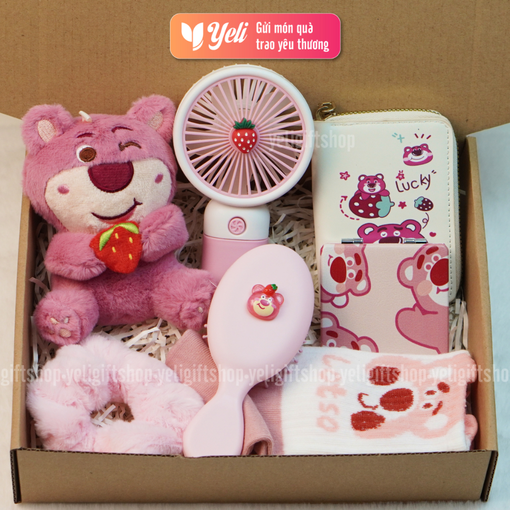 Set quà tặng Gấu Dâu Lotso phụ kiện tone hồng xinh xắn, Hộp quà tặng Lotso Gấu Dâu tặng bạn gái, người yêu, bé gái