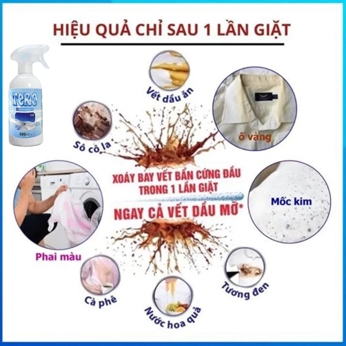 Dung Dịch Tẩy Trắng, Tẩy Mốc Quần Áo TERO 500ml – Chính Hãng, Công Nghệ Sinh Học, Không Phai Màu Vải, An Toàn Cho Da Tay