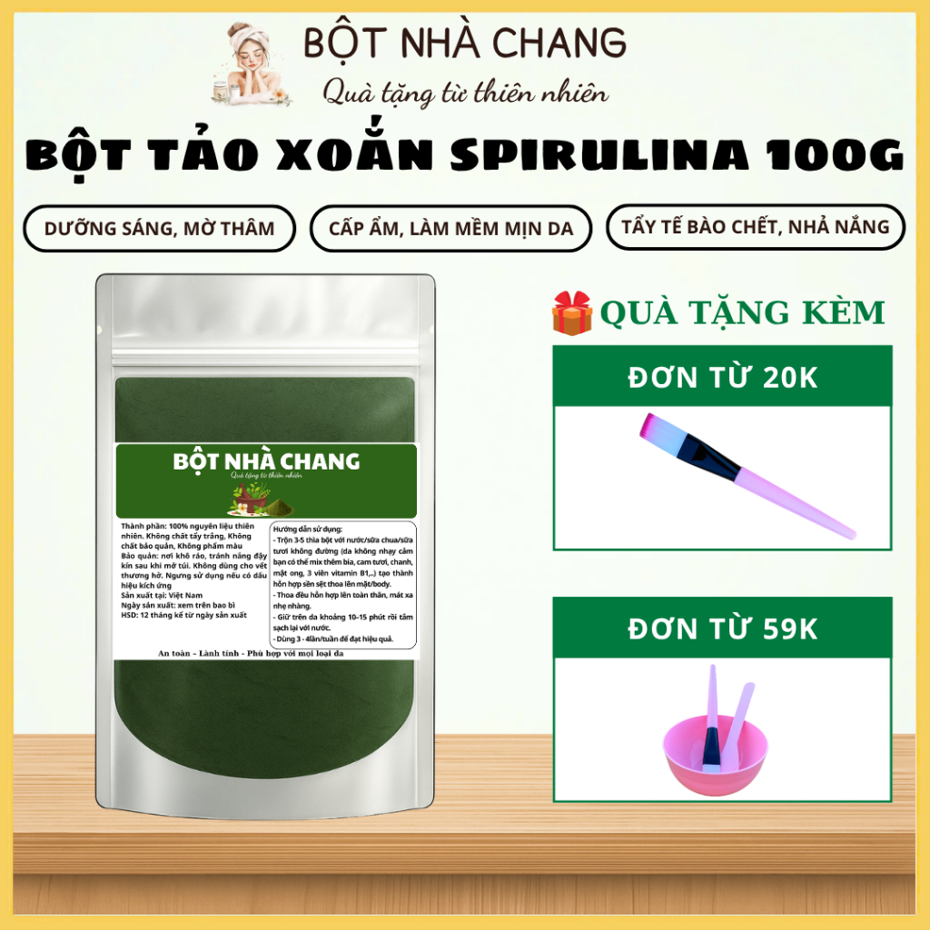 Bột Tảo xoắn nguyên chất 100g/200g- Bột thiên nhiên HANDMADE + tặng bộ dụng cụ đắp mặt