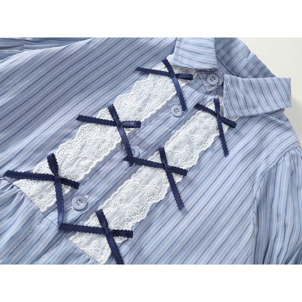 Áo sơ mi bé gái Hania Kids dài tay kẻ xanh phối nơ xinh xắn, phong cách tiểu thư Chất Liệu Cotton