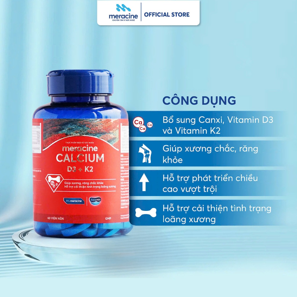Canxi hữu cơ từ tảo biển đỏ Meracine Calcium D3K2 giúp xương, răng chắc khỏe, hỗ trợ phát triền chiều cao (Hộp 60 viên) | BigBuy360 - bigbuy360.vn