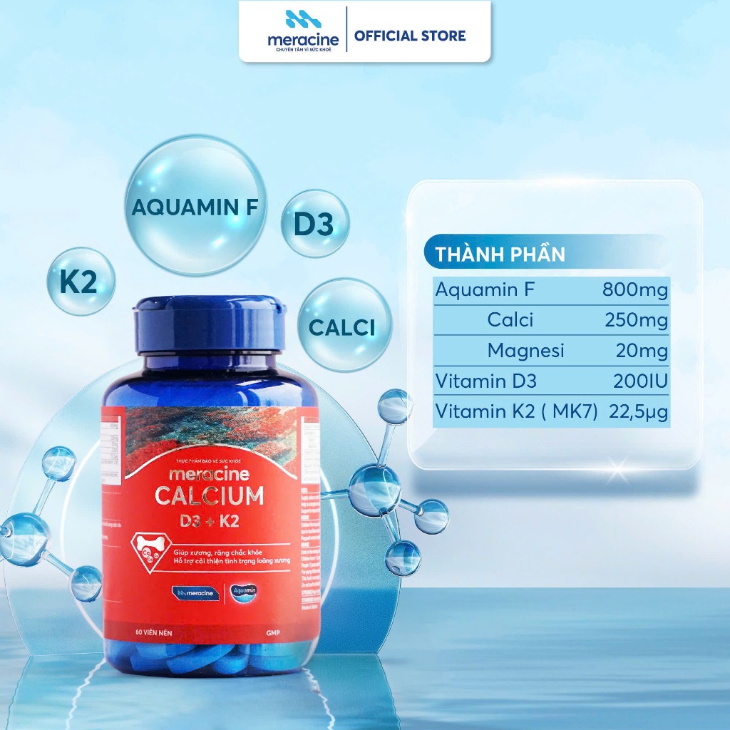 Canxi hữu cơ từ tảo biển đỏ Meracine Calcium D3K2 giúp xương, răng chắc khỏe, hỗ trợ phát triền chiều cao (Hộp 60 viên) | BigBuy360 - bigbuy360.vn