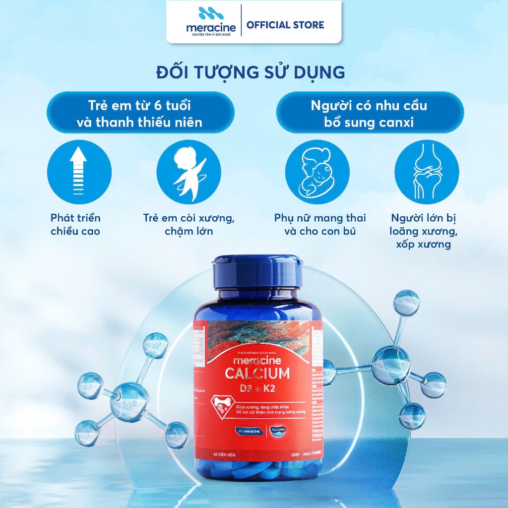 Canxi hữu cơ từ tảo biển đỏ Meracine Calcium D3K2 giúp xương, răng chắc khỏe, hỗ trợ phát triền chiều cao (Hộp 60 viên) | BigBuy360 - bigbuy360.vn