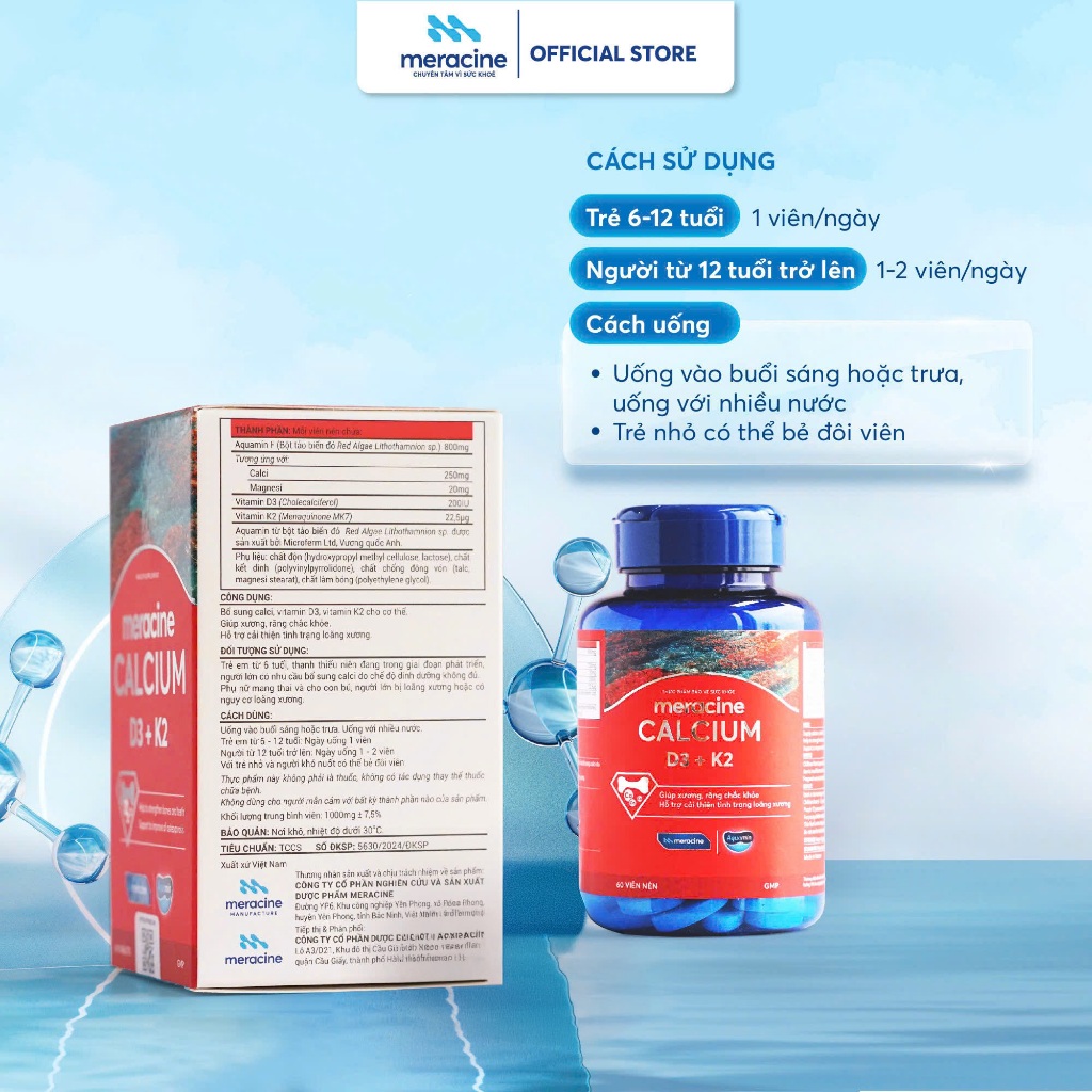 Canxi hữu cơ từ tảo biển đỏ Meracine Calcium D3K2 giúp xương, răng chắc khỏe, hỗ trợ phát triền chiều cao (Hộp 60 viên) | BigBuy360 - bigbuy360.vn