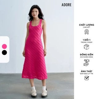 513DR2015 - Đầm midi cổ U ren gân đen/ hồng đỗ quyên  ADORE ( Form nhỏ , tăng size khi đặt )