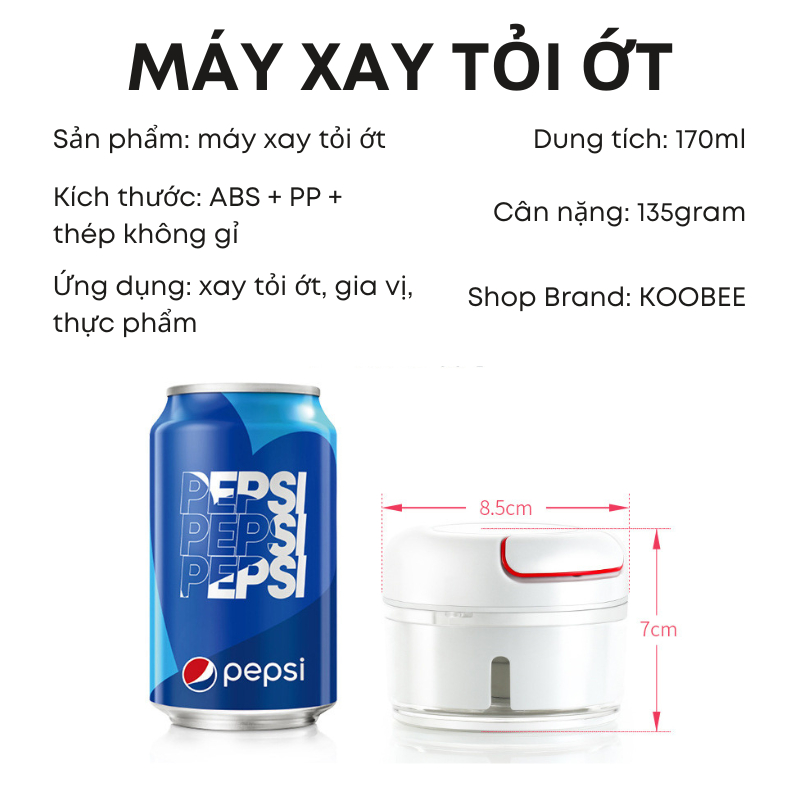 Máy xay tỏi ớt cầm tay Mini Food Chopper 2 lưỡi chính hãng, Dụng cụ xay tỏi ớt, thực phẩm đa năng KOOBEE (SC07)