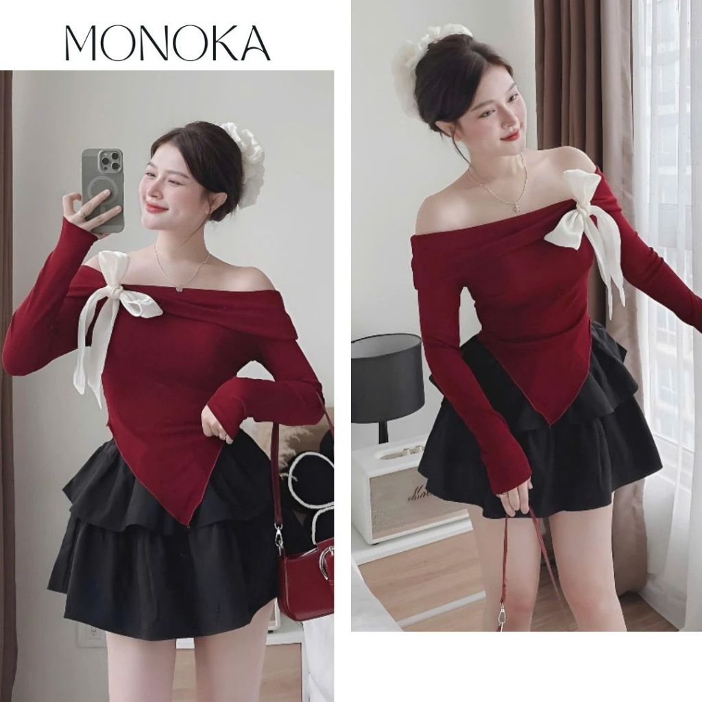 Set đồ nữ áo trễ vai ôm body dài tay thắt nơ ôm body+ chân váy ngắn xòe ...
