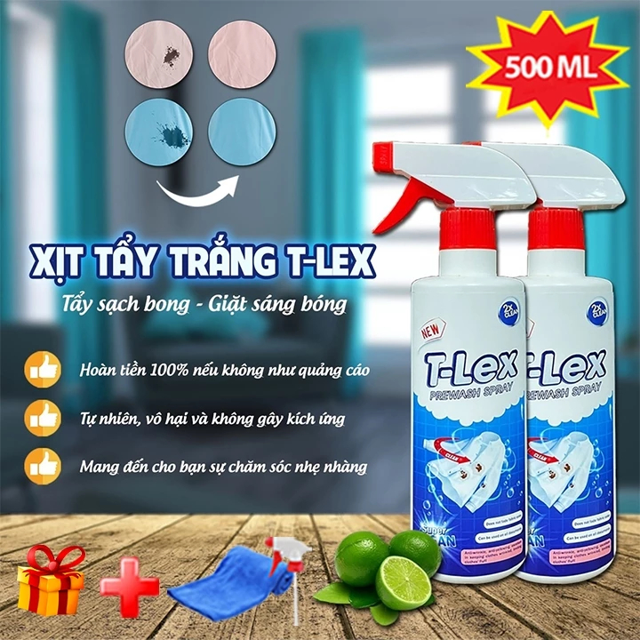 Chai Tẩy Trắng Quần Áo T-LEX 500ml, Tẩy Mốc, Ố Vàng, Không Phai Màu - Dùng Cả Vải Trắng, Màu Chính Hãng