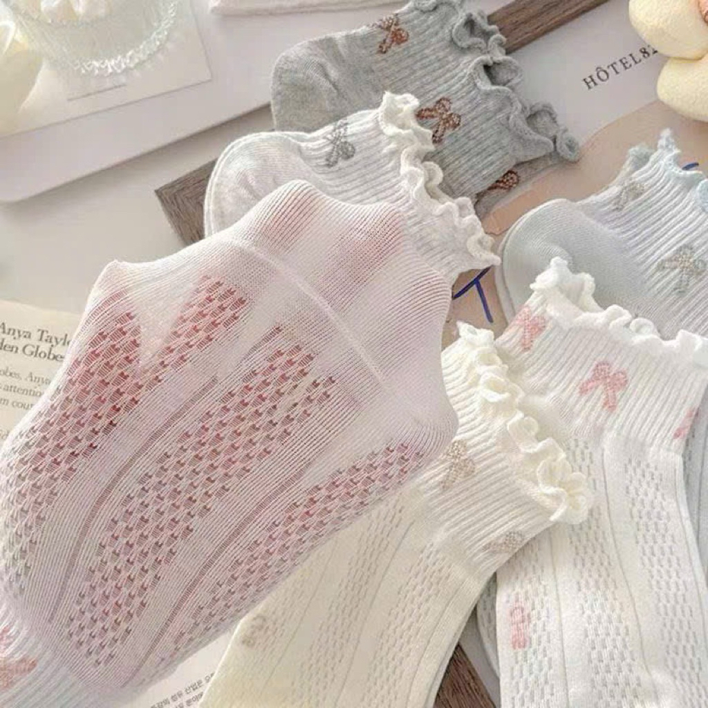 Set 5 Tất Nơ Cổ Ngắn Cotton Dệt Kim Dễ Thương Tất Vớ Nữ