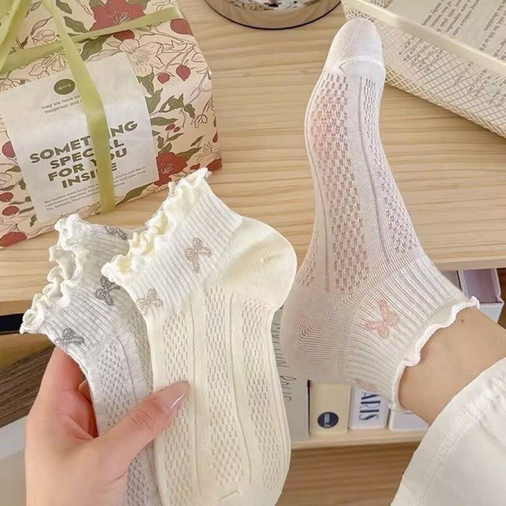 Set 5 Tất Nơ Cổ Ngắn Cotton Dệt Kim Dễ Thương Tất Vớ Nữ