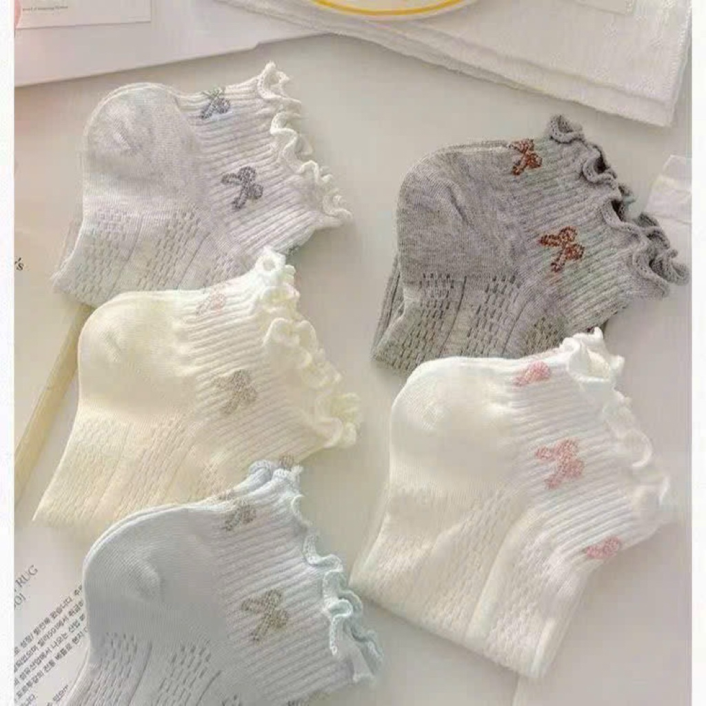 Set 5 Tất Nơ Cổ Ngắn Cotton Dệt Kim Dễ Thương Tất Vớ Nữ