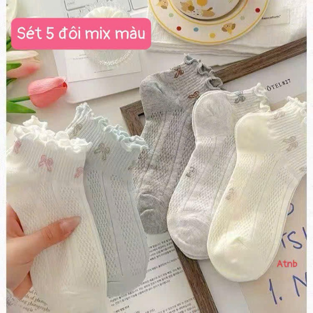 Set 5 Tất Nơ Cổ Ngắn Cotton Dệt Kim Dễ Thương Tất Vớ Nữ
